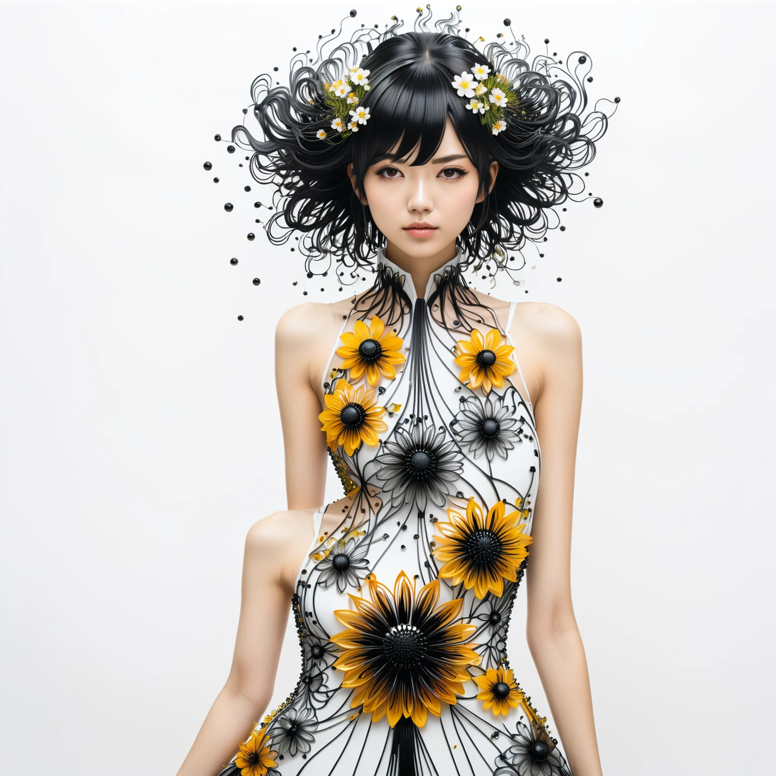 anime art style, a woman wearing a dress made of ferrofluid threads and flowers, white background, Shot from the waist up