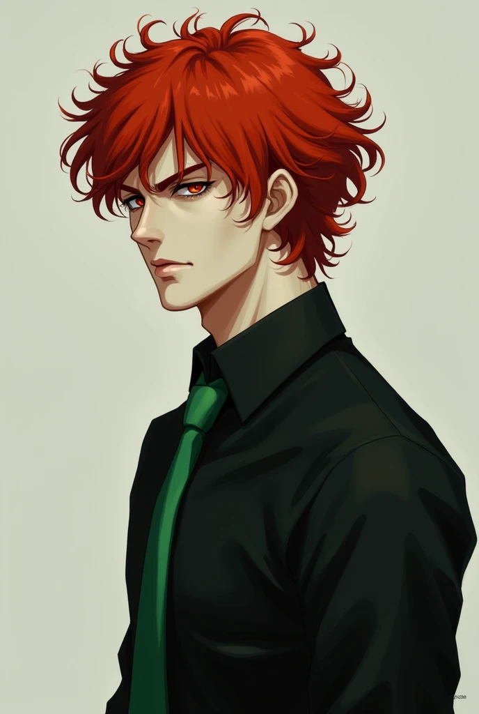 Serious , curly, red haired guy with red eyes. Standing in profile, and the gaze is directed at the camera. Wearing a black shirt with a green tie. Realism.