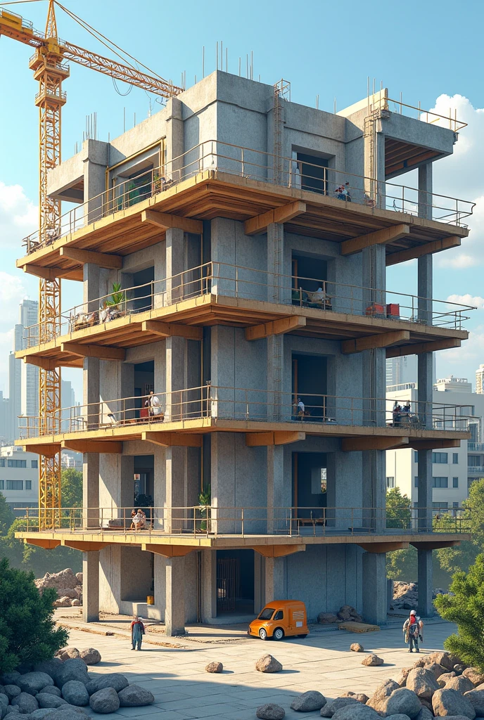 Structural design in the foreground, with some house construction in the background 