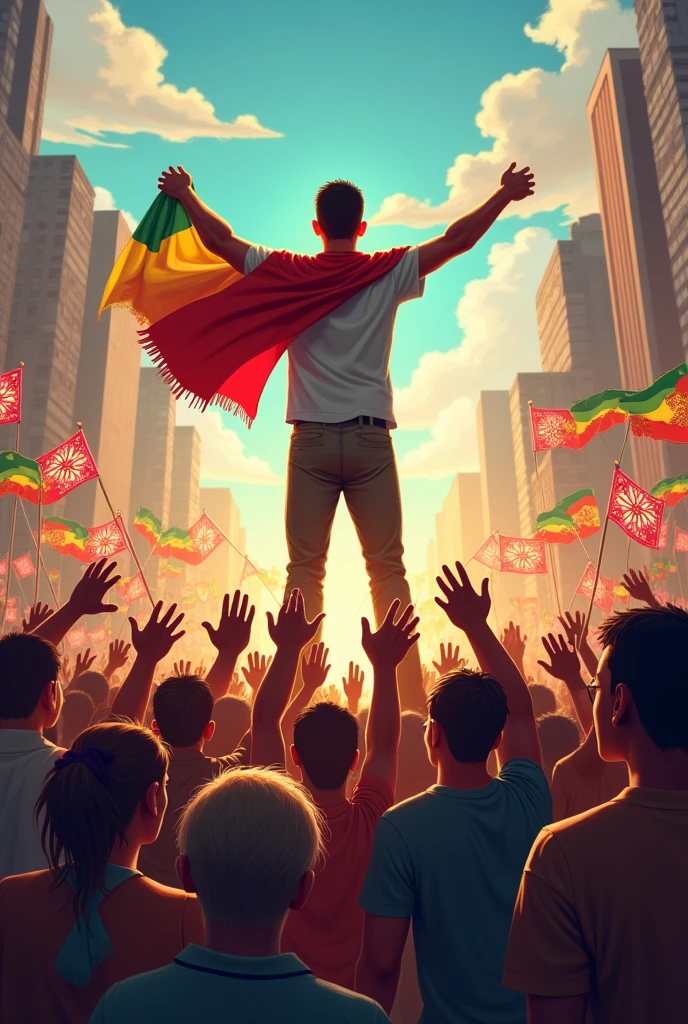 United people. Main person holding flag over shoulders. Crowd holding hands