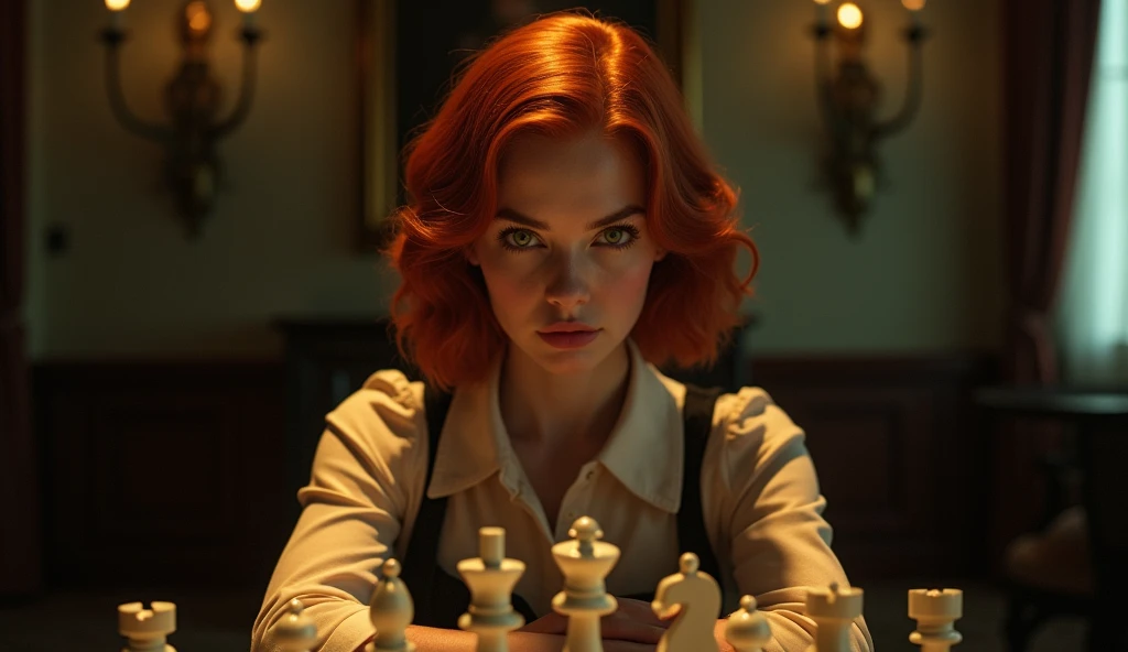 Anya Josephine Marie Taylor-Joy,Create an image of a young woman resembling Beth Harmon from 'The Queen's Gambit.' She has red hair styled in a vintage bob haircut, pale skin, and green eyes. The woman is wearing a 1960s-inspired outfit, perhaps a collared dress or a stylish blouse and skirt, sitting at a chessboard with an intense, focused expression. The background could be a classic, dimly lit room or a chess tournament hall, with a few scattered chess pieces on the board in front of her. The overall atmosphere should reflect a blend of intelligence, determination, and a hint of vulnerability.