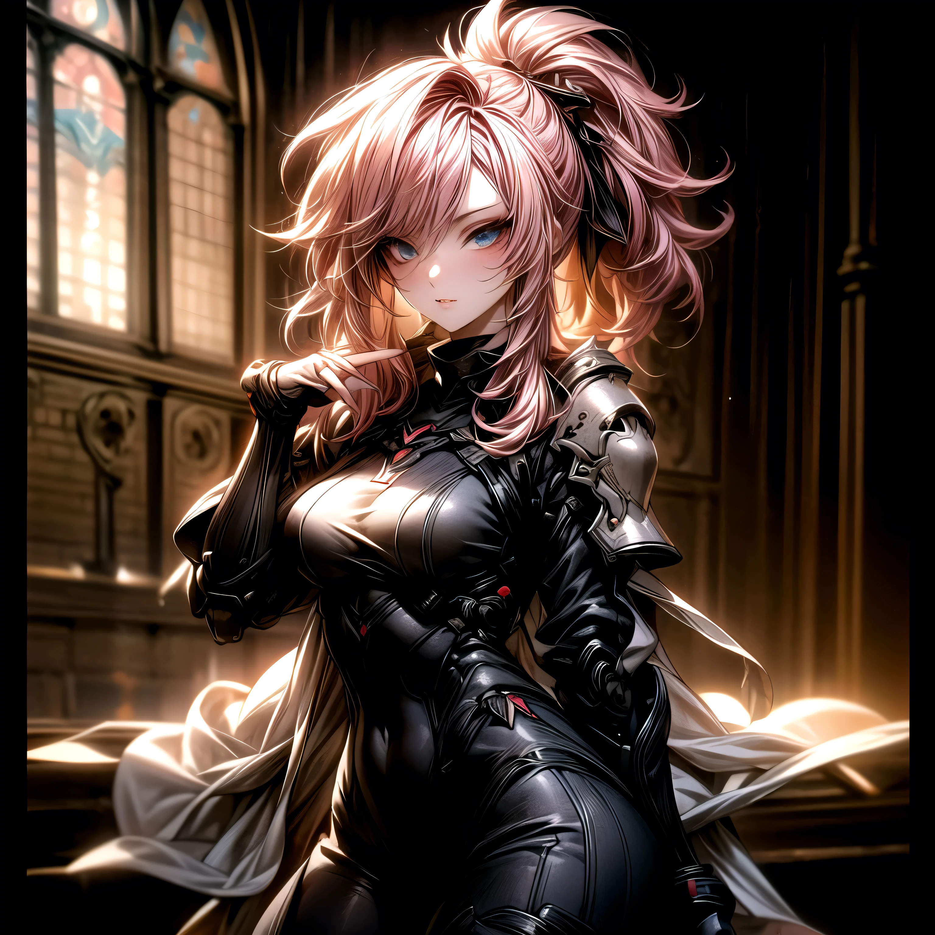 (best quality)), ((Masterpiece)), (details:1.4), 3d, HDR (high dynamic range), an image of a beautiful cyberpunk female, Hips up, Fantasy, pink hair, High ponytail, beautiful White eyes, จมูกโด่ง, ปากแดง, หน้าอกใหญ่, nvidia RTX, PBR surface, After processing, Anisotropic filtration,depth of field, Maximum clarity and clarity, multi-layered surface, Subsurface scattering, perfect proportions, 8K raw files, ultra detailed, Perfect proportions, volumetric lighting, soft lighting, Holy Paladin, Heavy Black Armor, glossy skin, Chapel background, jewely, ต่างหู, นิ้วมือสมบูรณ์,