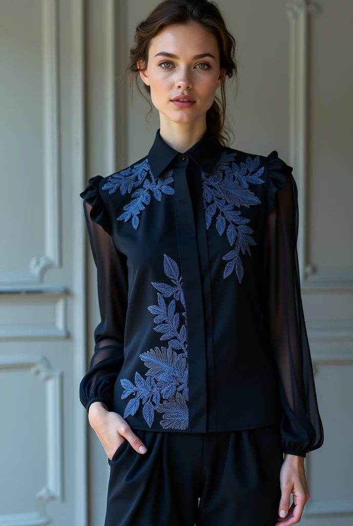 Black blouse with dark blue and light blue