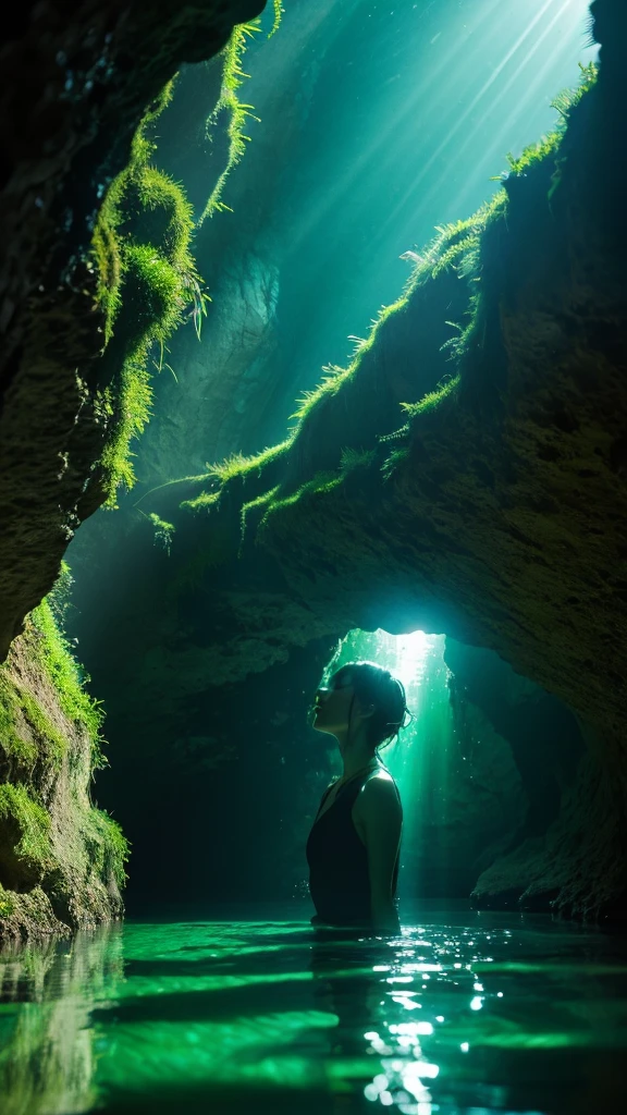 cave,Mysterious,Shining Light,Emerald green,High resolution, Cinematic light effects, Godley, high quality, Transparent water surface,One person, Shortcuts, Closed eyes, Overlooking, 