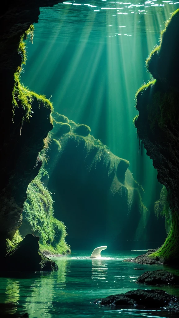 cave,Mysterious,Shining Light,Emerald green,High resolution, Cinematic light effects, Godley, high quality, Transparent water surface,One person, Shortcuts, Closed eyes, Overlooking,