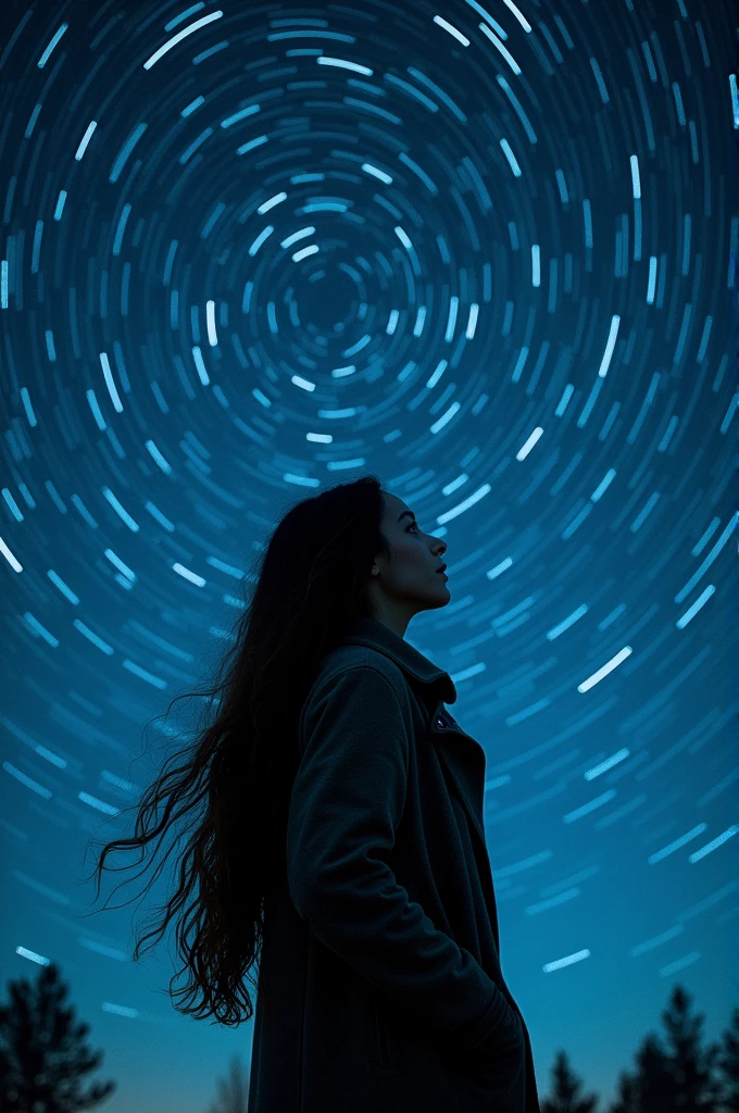 
Many stars twinkling in a beautiful bright winter night sky, long exposure starry sky with many circular orbits, silhouette of a young woman with long hair with her hands in her coat pockets looking up at it, photo taken from long distance, photo from below