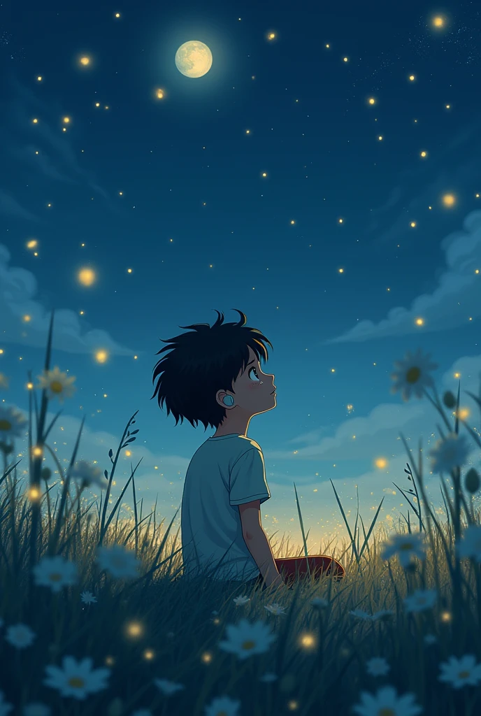 Boy with black hair on a meadow with flowers and fireflies.it&#39;s night.There are stars.his hair blows in the wind. He cries but smiles. He listens to music.gibili style 