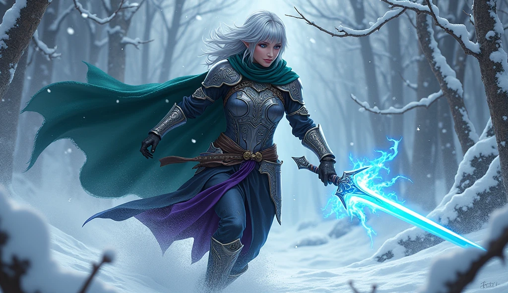 (Ultra-detailed face, looking away, Fantasy Illustration with Gothic, Ukiyo-e, Comic Art, Rich colors), 
BREAK 
(A dark elf female ranger is snowing heavily, and she is lowered with a shortsword, both hands glowing blue-white with cold-enhancing magic, and she turns and slashes away the ghosts of snow with a sideways lash of her sword.), 
BREAK 
(This is the extreme cold of the north. The trees in the forest have turned to ice, the starlust is falling, and the air is so cold that it glistens. Snow continues to fall and fresh snow piles high in the air.), 
BREAK 
(DarkElves: A middle-aged dark elf woman with silver color hair, blunt bangs, bob cut and dark purple color skin, lavender color eyes.), 
BREAK 
(DarkElves: A female dark elf ranger wears a full plate of mithril with runic reliefs and a short green cape.), Powerful Movement、jump on prey、((Dynamic Jumps))