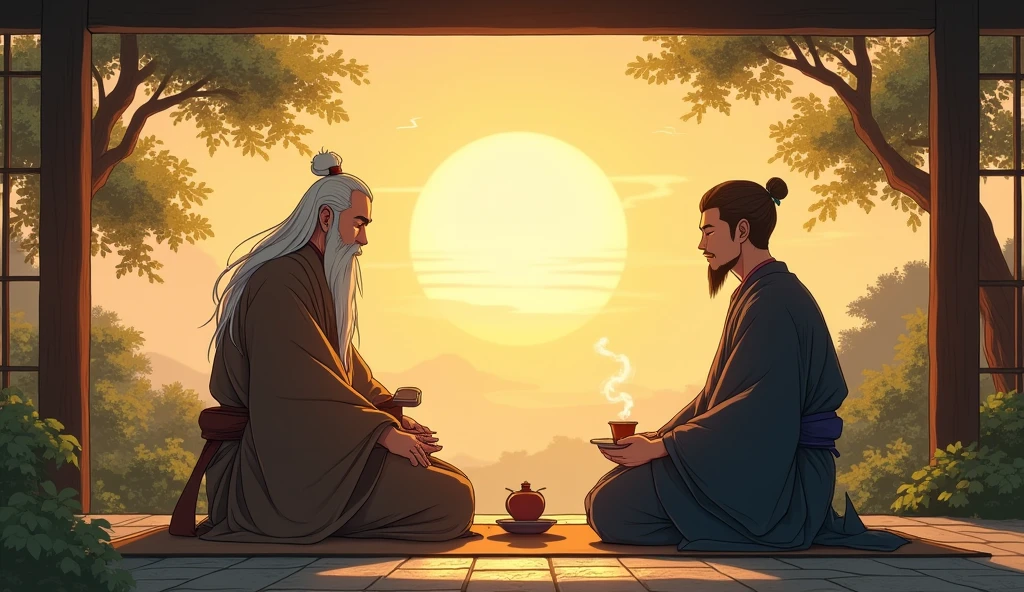 As Hiro and Master Koji sat together in the garden, the world seemed to slow down. The sun was beginning to set, casting a golden glow over the temple grounds. The light filtered through the leaves, creating patterns on the ground that danced with the breeze. Hiro could feel the tension in his body start to ease as he observed the serene surroundings, but the questions in his heart remained. He looked at Master Koji, who was quietly sipping tea, his eyes closed as if savoring the moment.
Koji’s attire was simple yet elegant—a soft brown robe that flowed gently around him, with a sash tied loosely at his waist. His presence was like the stillness of a pond, undisturbed by the ripples of the world outside. Hiro, in contrast, was still wrestling with his inner turmoil, the dark blue of his kimono reflecting the storm within. Finally, Hiro spoke, his voice hesitant but filled with the urgency of someone seeking answers. “Master Koji, I’ve come to you because… I don’t understand why life is so unpredictable, why everything changes before I can grasp it. How can I find peace in such a world?”
Koji opened his eyes slowly, setting down his tea. He looked at Hiro with a gaze that was both penetrating and compassionate. “Change is the essence of life, Hiro,” he began, his voice gentle but firm. “To find peace, one must not fight against the current, but learn to flow with it. Let us explore this together give white hair and white beard to master koji