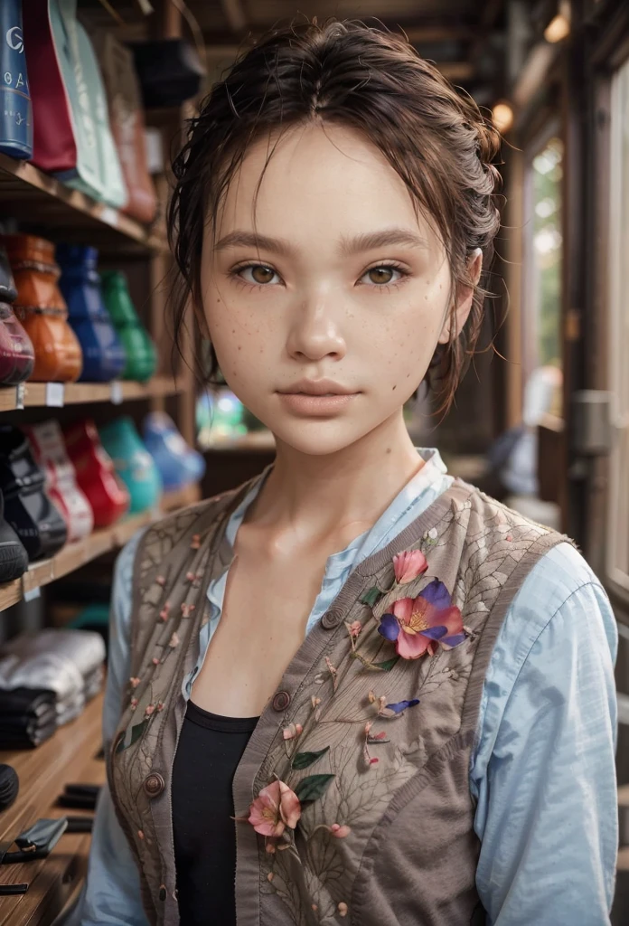a beautiful japanese college girl with some freckles on her face inspired by hamada hideyaki shot by contax g1 with portra 800 film roll, ()), ,((intricate scenery)),(), ((sun rays)), ((front view:1.4)),