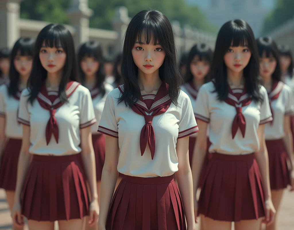 (Japanese Clone-girls=Myself), (Super Best masterpiece Clone-girls Raw Photography Art), (16K, Highest quality, Ultra-high resolution, RAW Photos), (It's so unrealistic., With unparalleled depiction, With an unfathomable sight, An unprecedented and shocking worldview, Clone-girls: In a world of mass reproduction, Ultra-realistic), (Japanese Girls, yo, Small face, Thick black hair, long hair, Dark Eyes, Mature face, かわいいsmile, Smiling face, A gentle gaze, Very pleasant look), (Very beautiful detailed girls, Accurate body structure, Accurate body movements, Very detailed body, (Super big breasts, Large bulge of ample breasts)), (Schoolgirl uniform, Short sleeve, mini skirt, Emphasise the fullness of your breasts), (Very detailed, Myself cloning, Depiction of splitting oneself, 1Myself girl→1,000,000,000,000,000,000,000,000,000,000Myself cloning girls), (Myself's clone girls, With the same perfect appearance without any difference, to multiply in large numbers), (Myself's multiplying female body, In the same female body,With the same face, With the same hairstyle, In the same clothes, At the same height, 同じSuper big breastsで, The same indistinguishable female body, 1,000,000,000,000,000,000,000,000,000,000 people), (Myself girls only), Academy, academic level, Commemorative photo depiction, Tiered stage photography, smile, Front view