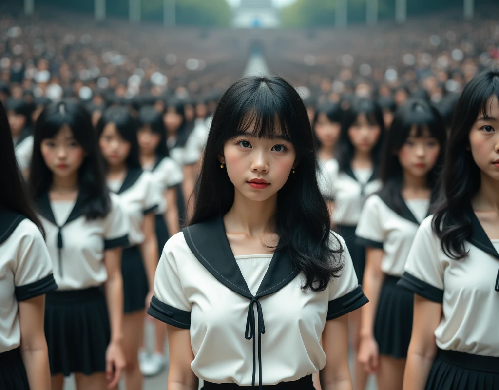 (Japanese Clone-girls=Myself), (Super Best masterpiece Clone-girls Raw Photography Art), (16K, Highest quality, Ultra-high resolution, RAW Photos), (It's so unrealistic., With unparalleled depiction, With an unfathomable sight, An unprecedented and shocking worldview, Clone-girls: In a world of mass reproduction, Ultra-realistic), (Japanese Girls, 16yo, Small face, Thick black hair, long hair, Dark Eyes, Mature face, かわいいsmile, Smiling face, A gentle gaze, Very pleasant look), (Very beautiful detailed girls, Accurate body structure, Accurate body movements, Very detailed body, (Super big breasts, Large bulge of ample breasts)), (Schoolgirl uniform, Short sleeve, mini skirt, Emphasise the fullness of your breasts), (Very detailed, Myself cloning, Depiction of splitting oneself, 1Myself girl→1,000,000,000,000,000,000,000,000,000,000Myself cloning girls), (Myself's clone girls, With the same perfect appearance without any difference, to multiply in large numbers), (Myself's multiplying female body, In the same female body,With the same face, With the same hairstyle, In the same clothes, At the same height, 同じSuper big breastsで, The same indistinguishable female body, 1,000,000,000,000,000,000,000,000,000,000 people), (Myself girls only), Academy, academic level, Commemorative photo depiction, Tiered stage photography, smile, Front view