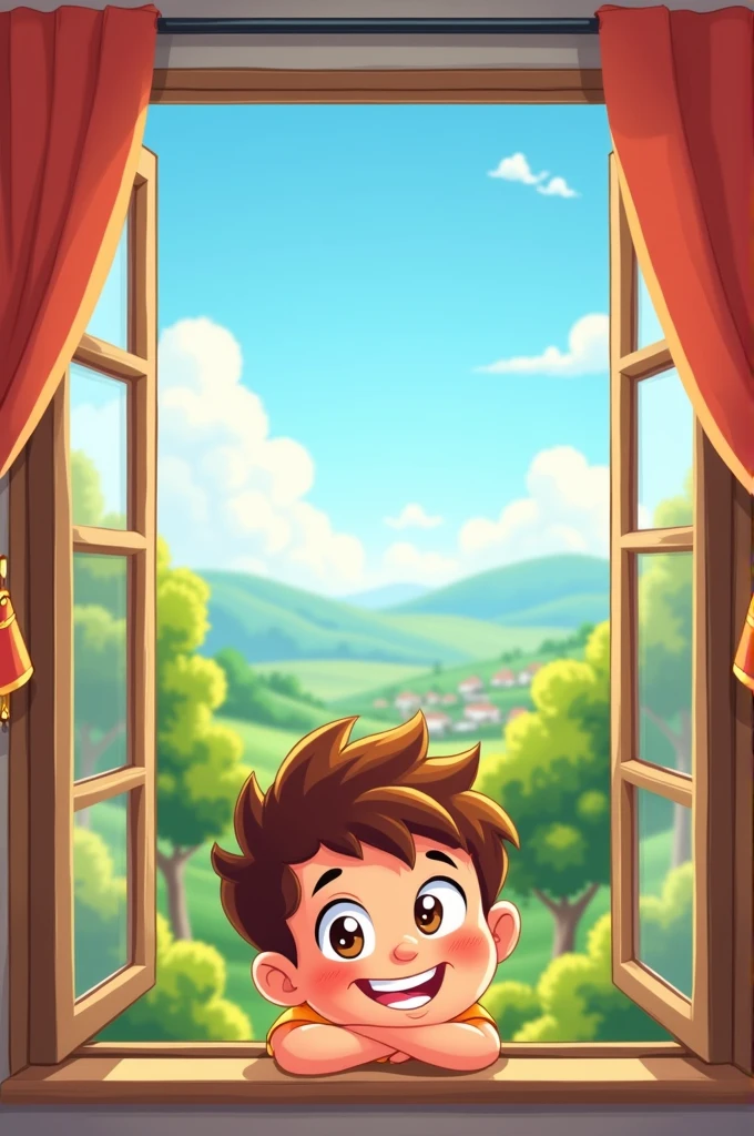 Cartoon boy looking through open window and is happy 