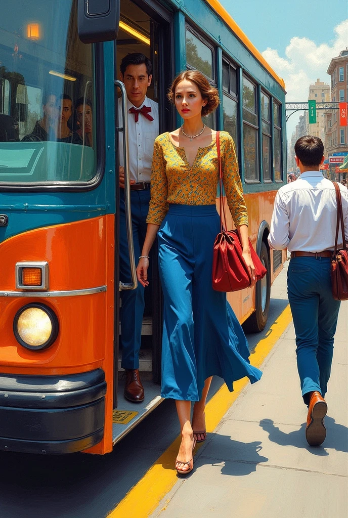 drawn in the form of a colored drawing, a woman boarding a bus