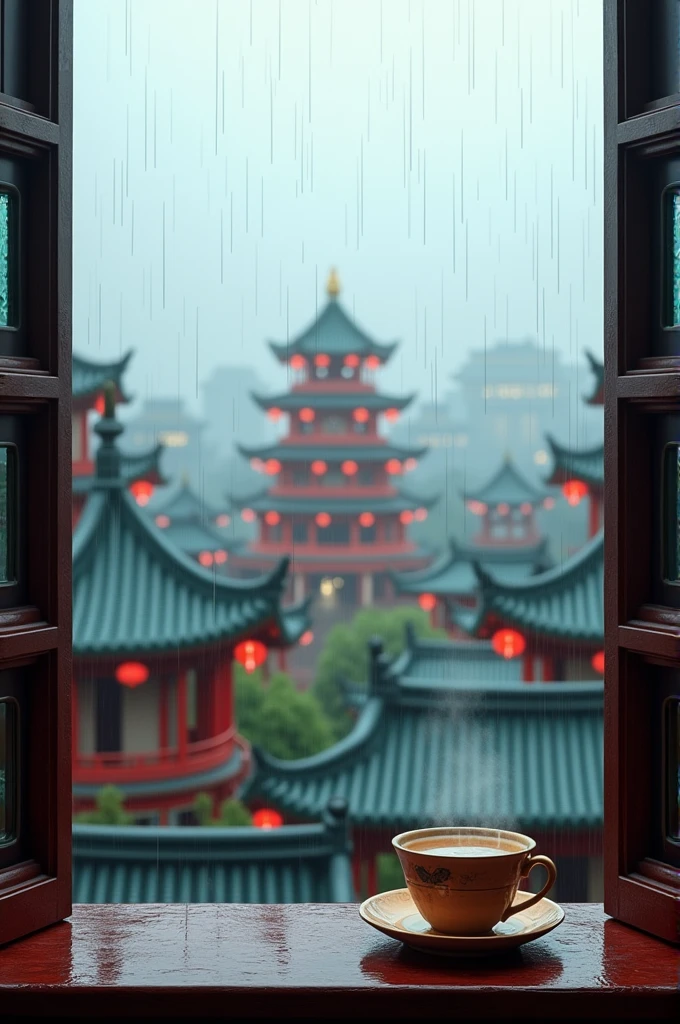 Wide shot of an open grill window with rain pouring down. In the distance, colorful Chinese pagodas are visible, their roofs glistening with rain. A steaming cup of tea is on the windowsill