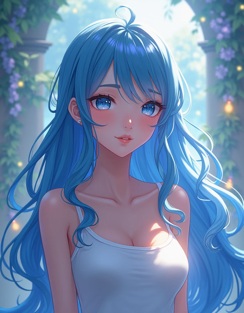 anime ,Wearing a tank top、Beautiful with long blue hair, Detailed face with large expressive eyes, Detailed lips, Long eyelashes, Sailor Moon, Magical girl, Fantasy, Soft lighting, Vibrant colors, Structure of the film, Digital Art, Very detailed, masterpiece, (Highest quality,4K,8k,High resolution,masterpiece:1.2),Very detailed,(Realistic,photoRealistic,photo-Realistic:1.37)