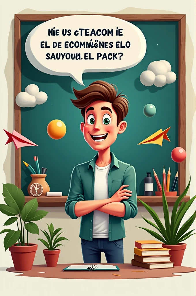 Logo with the name ESCOLINHA DEMAIS with a chalkboard, paper balls, paper airplanes and a male teacher in his 30s saying “And the salary oh” in a speech bubble