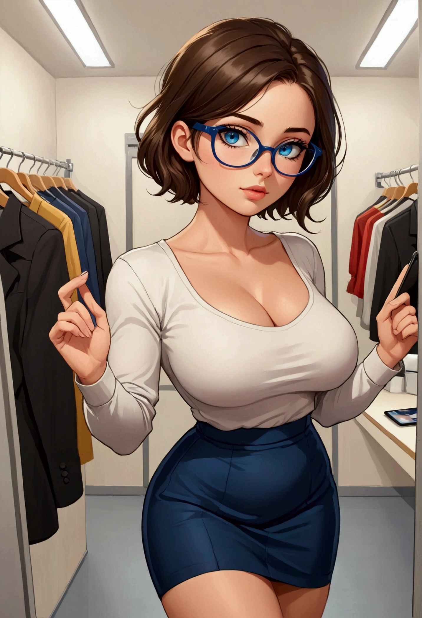 20 years old woman, Short brown hair, Méditerranéenne aux blue eye, Generous and heavy breasts, slender waist, definition of l'estomac, fesses rebondies et pulpeuses, naturally curved, muscular thighs, aguicheuse, fitting room , blue eye, lunettes, black skirt and blouse, Selfie, side view