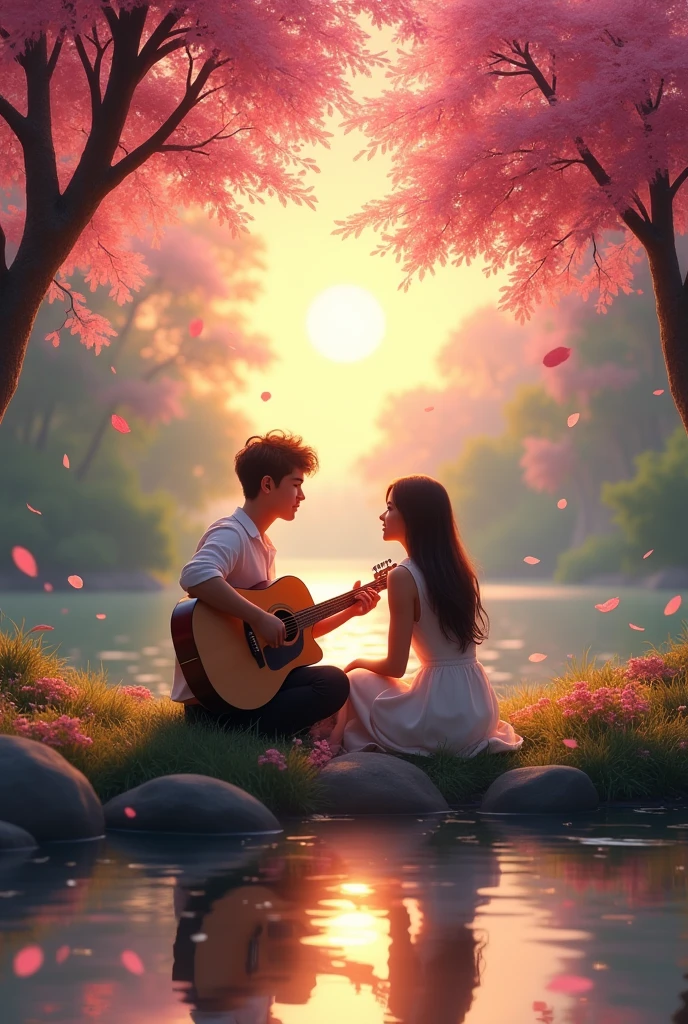 A male playing a guiter for his girlfriend realistic front a beautiful river and perfact nature view and right and left trees color ping falling pink leaf and sunrise