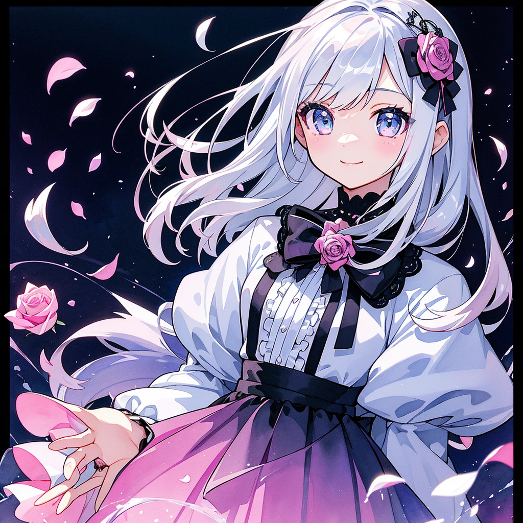 Transparent watercolor、、Gemstone Eyes、Beautiful layout and motif、Depth of written border、smile、Flat avatar、1 person、bow、Silver Hair((Medium Hair、Straight Hair))、White bristles、Fashionable design clothes、Background white、Rose petals、cute、black and pink goth、