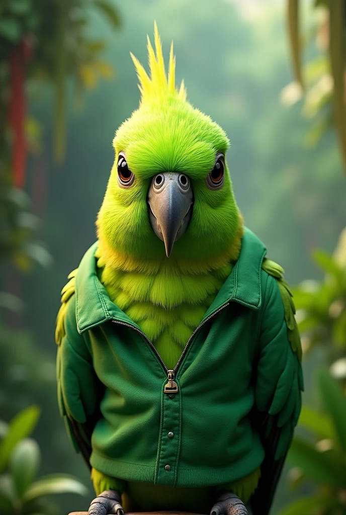 A teenage green parrot with a green shirt