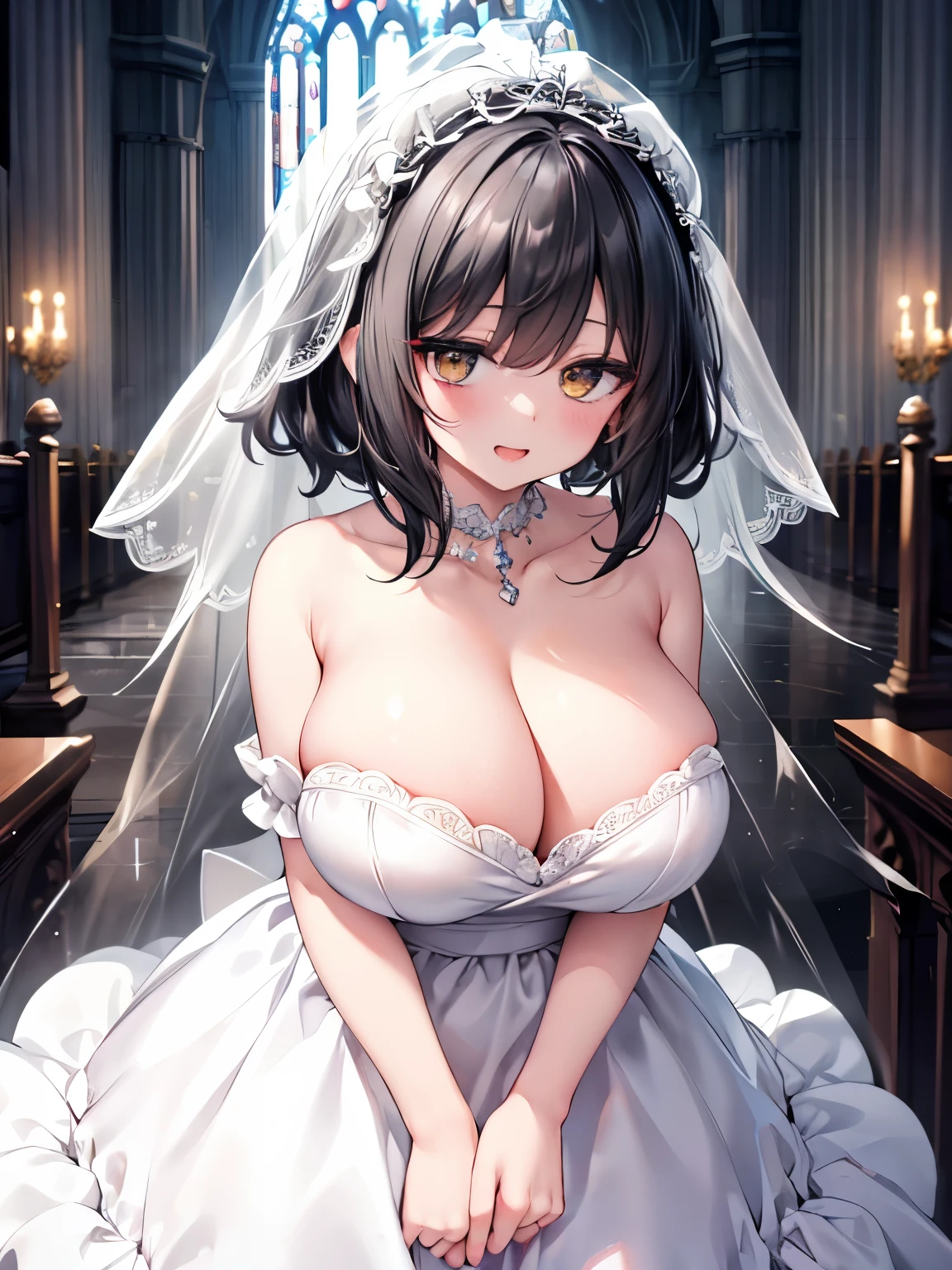 (gigantic breasts),Black Hair,Short Hair,(Two Side Up:1.1),Yellow big eyes,A very happy smile,Open your mouth wide,View Viewer,BREAK,(Pure white wedding dress,Strapless Dress,Wedding Veil:1.3),Church Background,Large stained glass,The sacred light shines,Clasping hands,Are standing,Top view