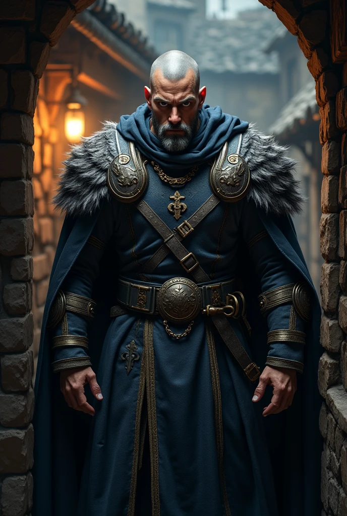 Tall, muscular young man, wide, Bright Eyes, Shaved gray hair, Wearing medieval dress with wolf shoulder pads, Black and blue cape, Getting angry at the entrance to a bar, Realistic, Full HD, Highest quality