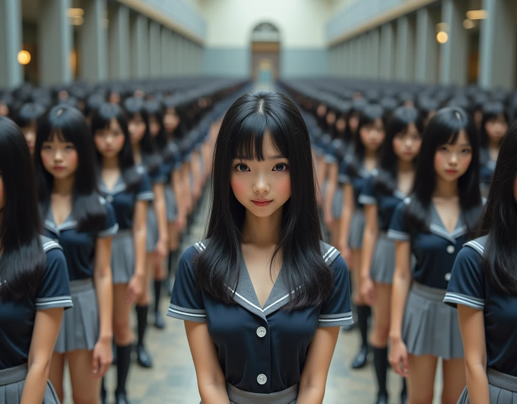 (Japanese Clone-girls=Myself), (Super Best masterpiece Clone-girls Raw Photography Art), (16K, Highest quality, Ultra-high resolution, RAW Photos), (It's so unrealistic., With unparalleled depiction, With an unfathomable sight, An unprecedented and shocking worldview, Clone-girls: In a world of mass reproduction, Ultra-realistic), (Japanese Girls, yo, Small face, Thick black hair, long hair, Dark Eyes, Mature face, かわいいsmile, Smiling face, A gentle gaze, Very pleasant look), (Very beautiful detailed girls, Accurate body structure, Accurate body movements, Very detailed body, (Super big breasts, Large bulge of ample breasts)), (Schoolgirl uniform, Short sleeve, mini skirt, Emphasise the fullness of your breasts), (Very detailed, Myself cloning, Depiction of splitting oneself, 1Myself girl→1,000,000,000,000,000,000,000,000,000,000Myself cloning girls), (Myself's clone girls, With the same perfect appearance without any difference, to multiply in large numbers), (Myself's multiplying female body, In the same female body,With the same face, With the same hairstyle, In the same clothes, At the same height, 同じSuper big breastsで, The same indistinguishable female body, 1,000,000,000,000,000,000,000,000,000,000 people), (Myself girls only), Academy, academic level, Commemorative photo depiction, Tiered stage photography, smile, Front view
