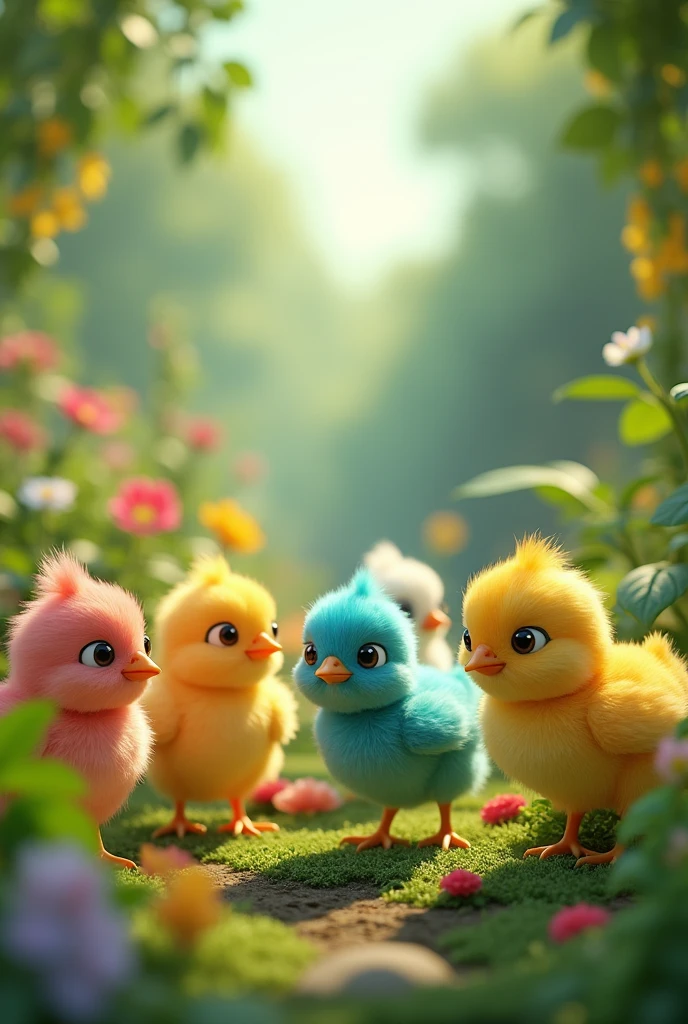a pink chick, a blue chick, a yellow chick, a white chick, a little green chick among the plants, 3D cartoon style, cinematic
