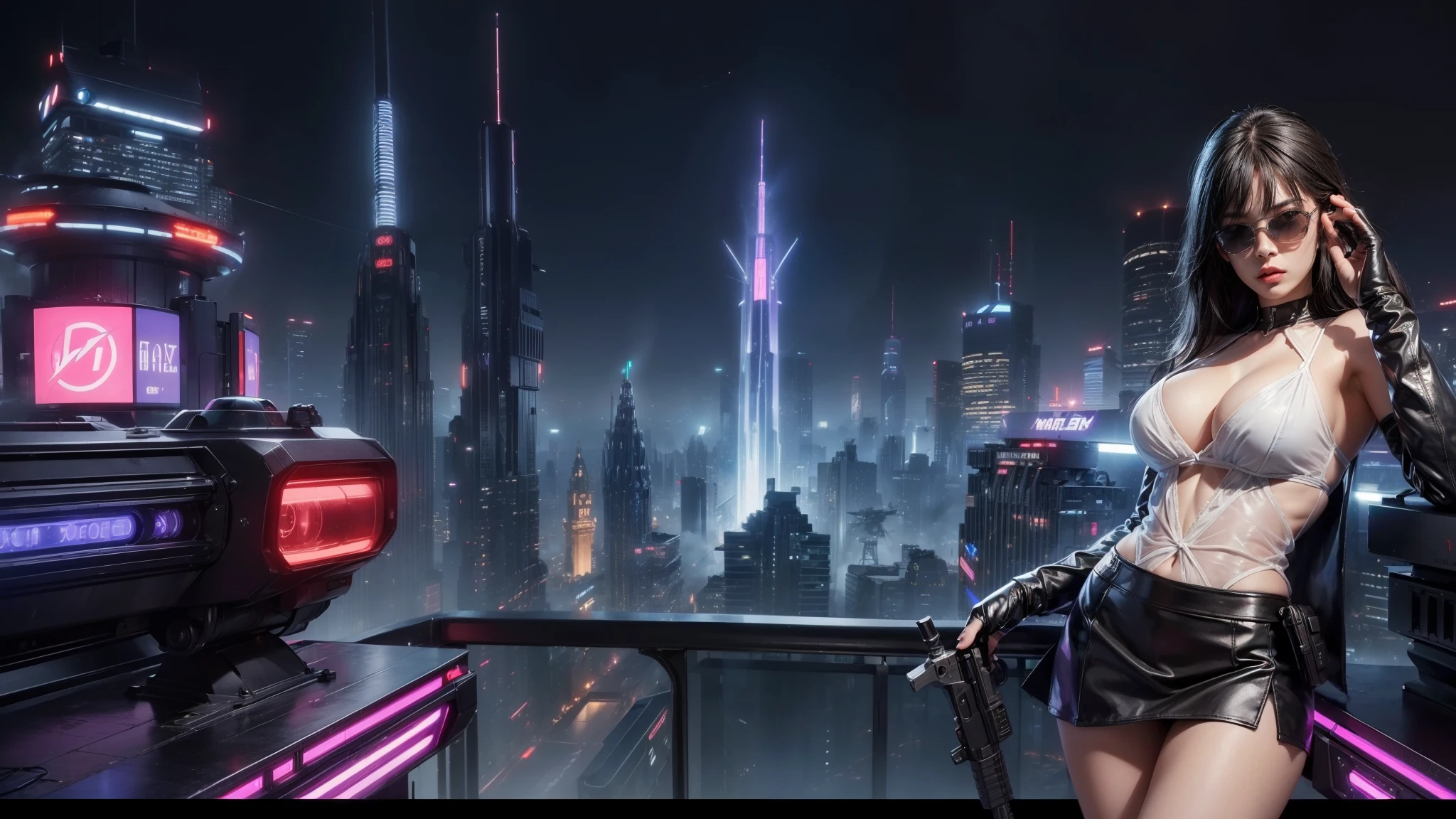 (Wide angle view). Blade Runner style futuristic city, simple outlined transparent neon tall buildings, glowing giant clock tower, flying cars, helicopter, lightning, 3D rendering Beeple. At night, (1girl, solo, alone), photorealistic, medium-breast slim:0.6 body, oval:0.6 face, cleavage:1.1, sexy black laced bra, glove, deep-V, (very low angle view of miniskirt), white laced panty, coat, (Matrix style black micro sunglasses), ((aiming viewer with a short gun)), (running pose), (half-body thigh level close-up shot), cinematic lighting, ray tracing.