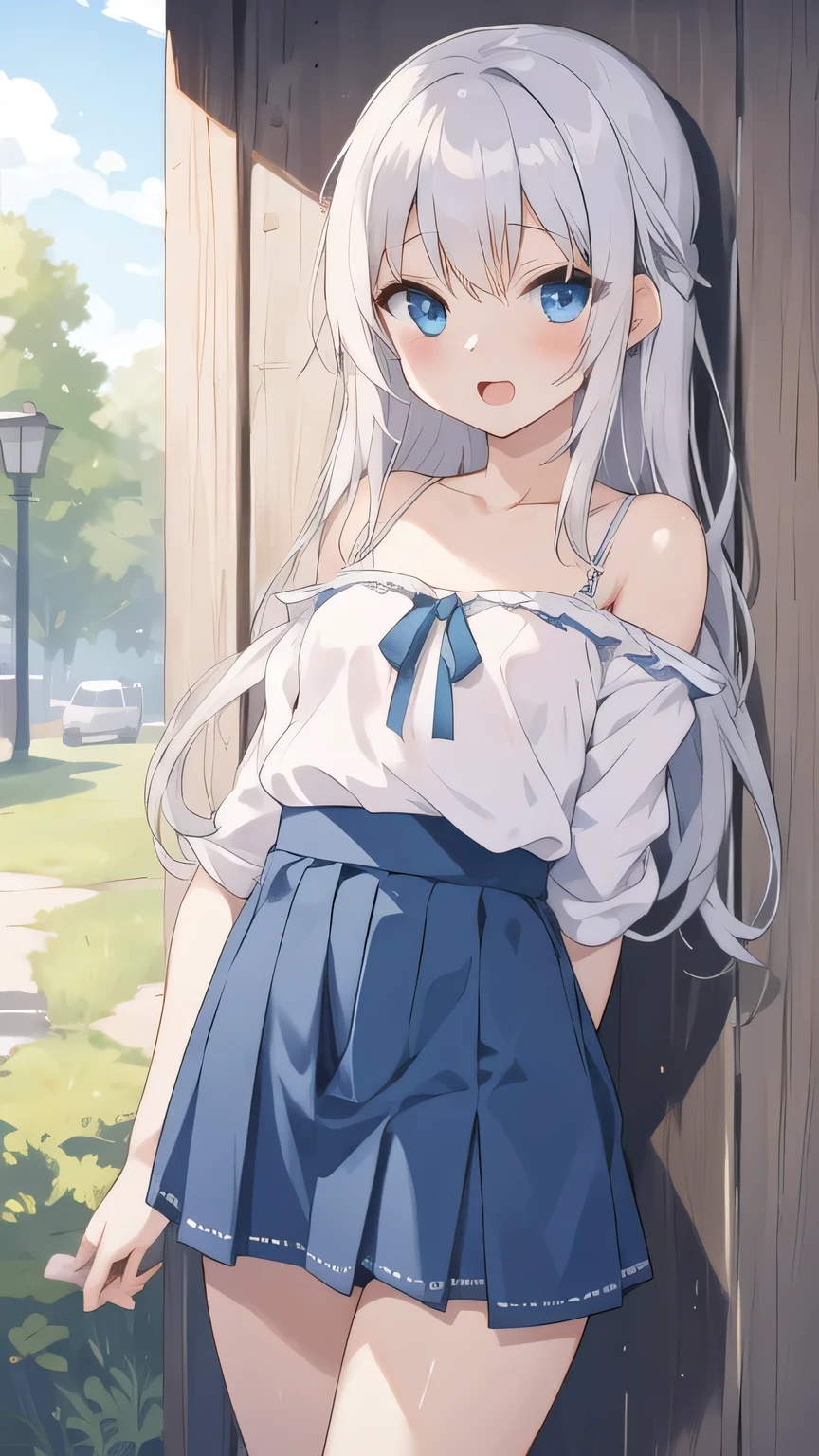 cute girl, アニメ, silver hair, straight hair, Blue eyes, outdoor, cowboy shot, (orgasm:1.1), (young:1.3), blue skirt, white camisole, small bust