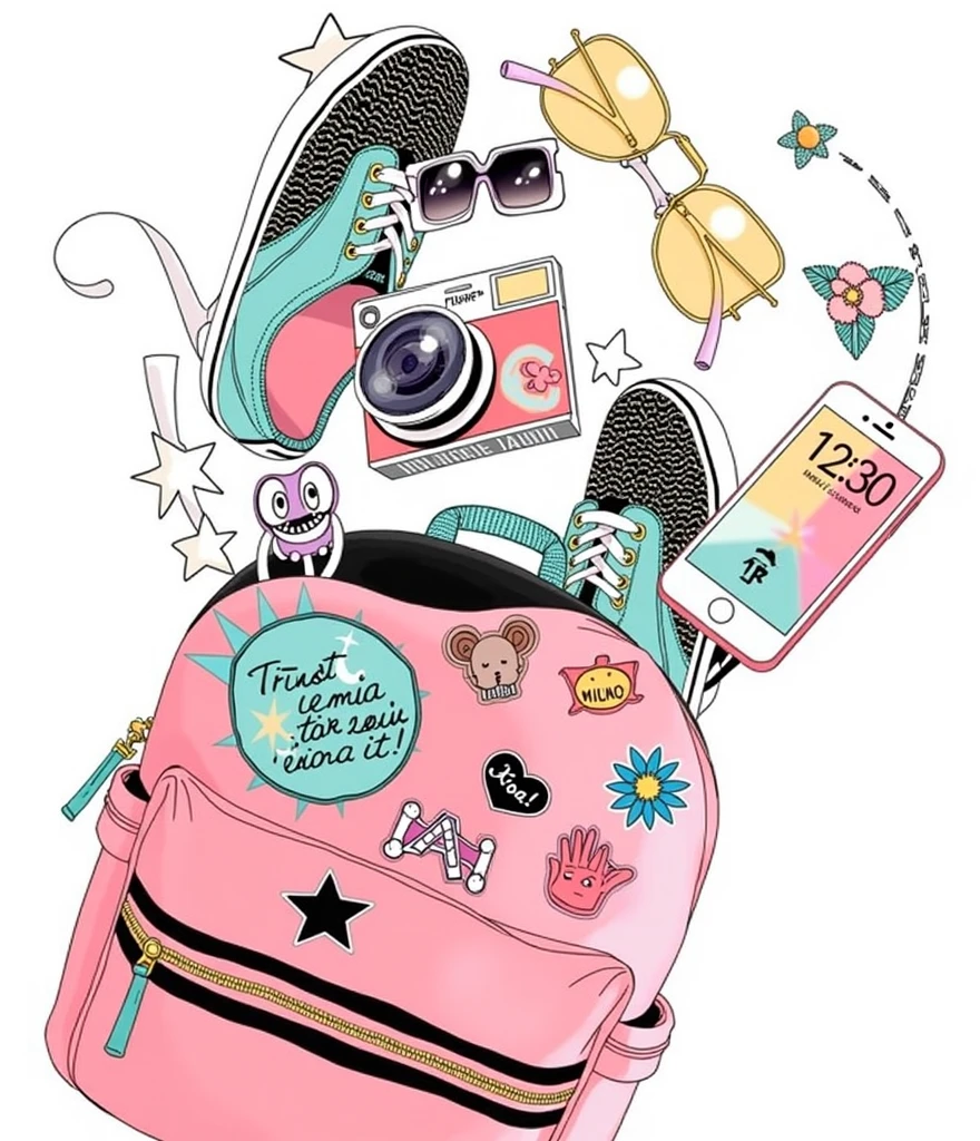 a digital art of a pink backpack (simples e fofa com squishmallows)with several items coming out of it. These items include a pair of sneakers, sunglasses, a camera, an iPod with headphones, a wristwatch and a smartphone displaying the time 12:30. The backpack has several patches and pins with different designs, como estrelas, texts and logos. A patch says "Trust me you’ll like it!" while another has the text "Milano." The image represents a modern youth culture full of technology and fashion accessories..