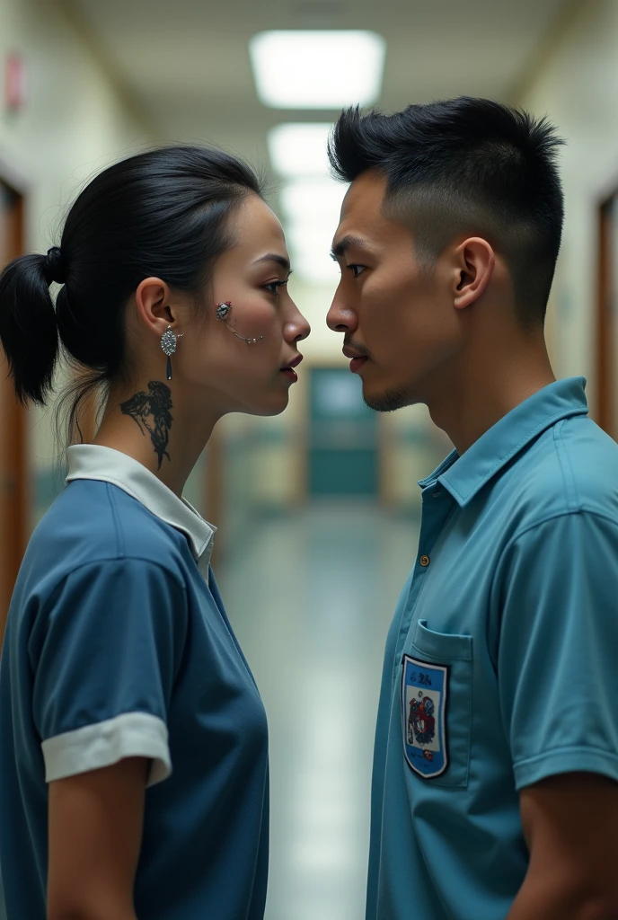 make a student wearing a piercing and an employee fighting (the uniform is a light blue school t-shirt, with dark blue sleeves and a small A on the right breast)