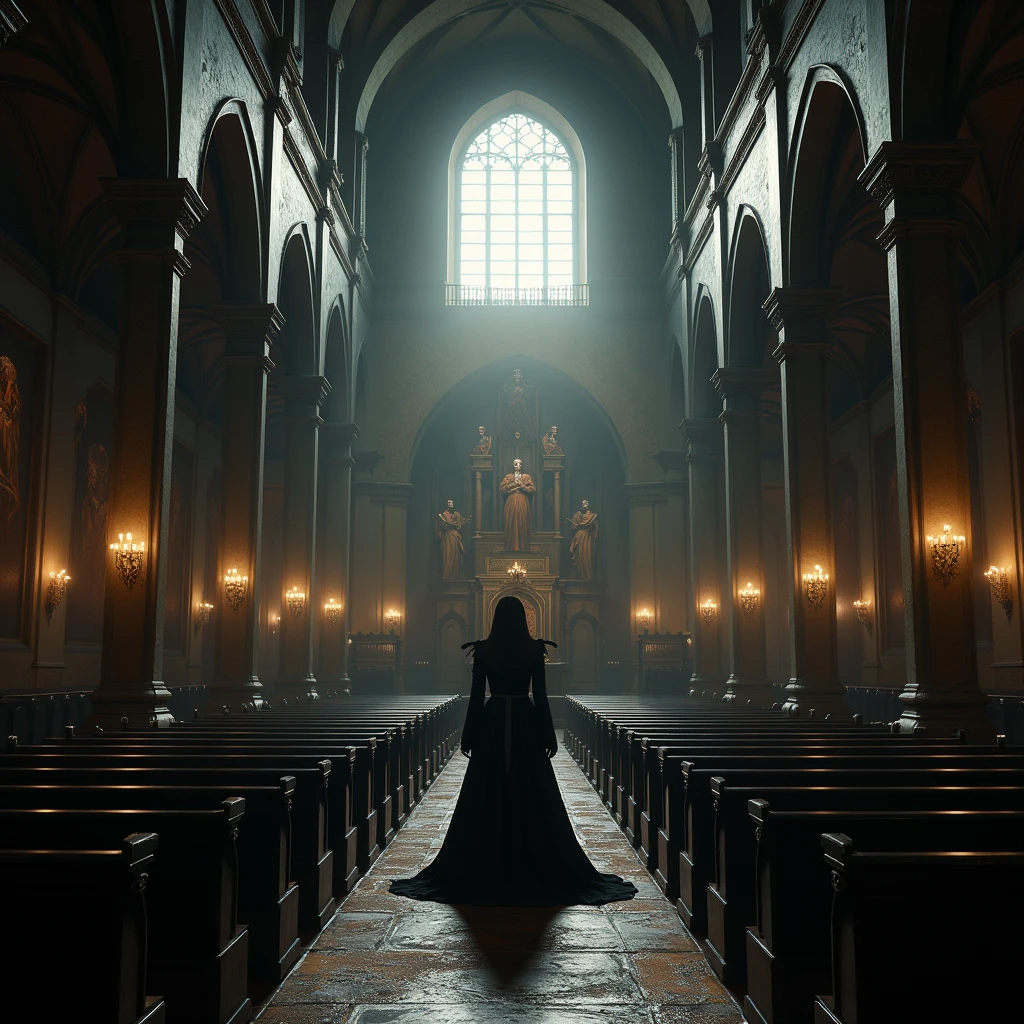 Church interior, satanic church, penumbra, darkness, luz outfit, window lighting, luz outfit por ventana, wide camera angle, Pictures on the walls of Lucifer, images in church of Satanism, Images of demons, Image of deadly sins, Great altar to Lucifer, Lucifer King of the Earth, Worship of Satan, hyperrealism, renaissance, Baroque, gothic art, depth of field, Silhouette, panorama, Wide-Angle, 360 view, accurate, UHD, Anatomically correct, high details, award winning, best quality, highres, 4k