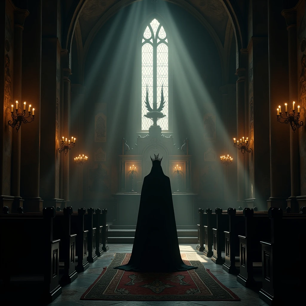 Church interior, satanic church, penumbra, darkness, luz outfit, window lighting, luz outfit por ventana, wide camera angle, Pictures on the walls of Lucifer, images in church of Satanism, Images of demons, Image of deadly sins, Great altar to Lucifer, Lucifer King of the Earth, Worship of Satan, hyperrealism, renaissance, Baroque, gothic art, depth of field, Silhouette, panorama, Wide-Angle, 360 view, accurate, UHD, Anatomically correct, high details, award winning, best quality, highres, 4k