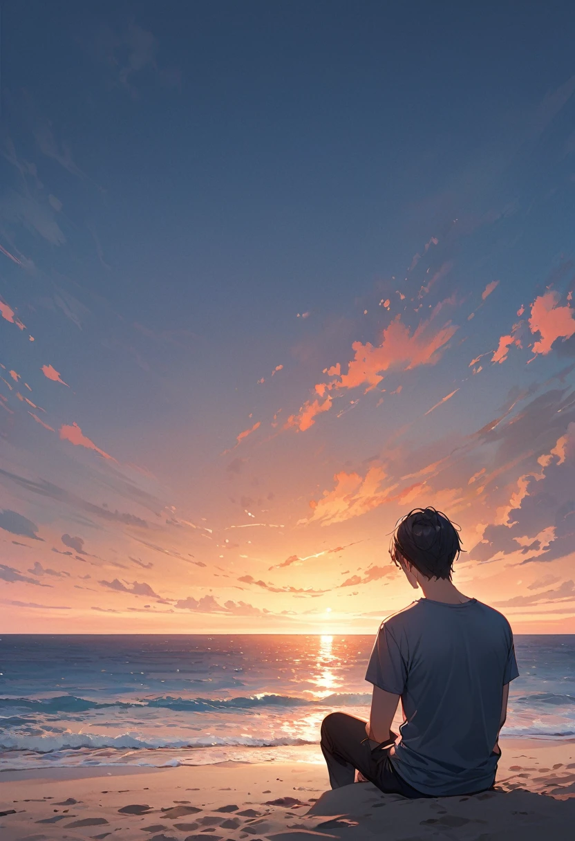 (masterpiece, best quality,ultra highres),Back view of a man sitting on a sandy beach at sunset and looking out at the sea,t-shirt,Blank Space,Sadness atmosphere,(The illusion of a memorable lover),Magnificent View,