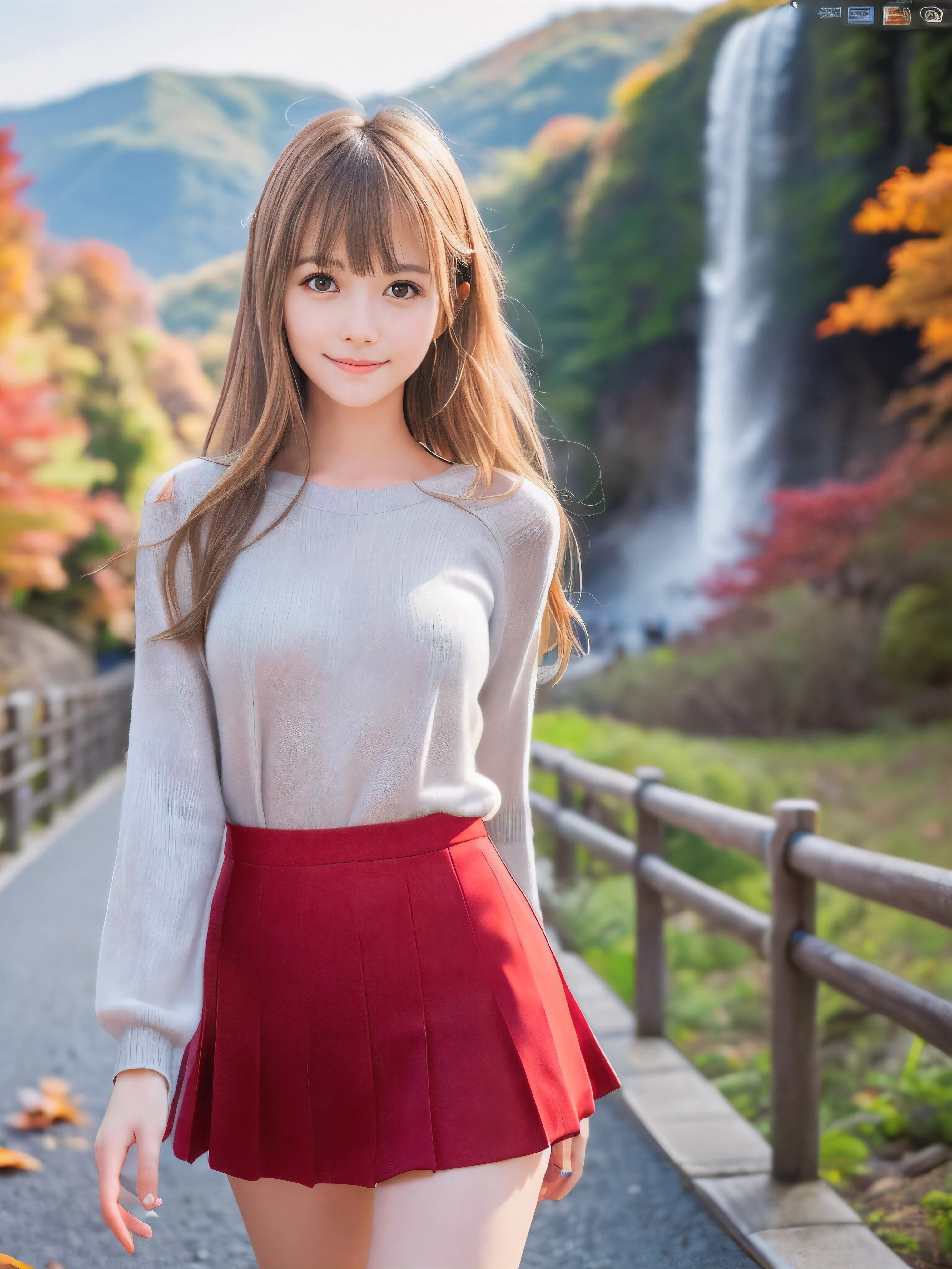 (Close up face shot of one slender small breasts half up blonde long hair with bangs girl in a long sleeves shirt and sweater and skirt:1.5)、(One blonde hair girl is dancing with small smile on the dart road near the lake and big waterfall in Japan:1.5)、(Beautiful autumn red leaves and mountain:1.5)、(Natural light:1.5)、(8k ultra detailed master piece:1.5)、(perfect anatomy:1.5)、(Photorealistic stick:1.5)、(Raw photo:1.3)、(highest quality:1.5)、(High resolution:1.3)、(Delicate and beautiful perfect face:1.3)、(Delicate and beautiful eye air skin:1.3)、(Real Human Skin:1.3)、((thin legs))