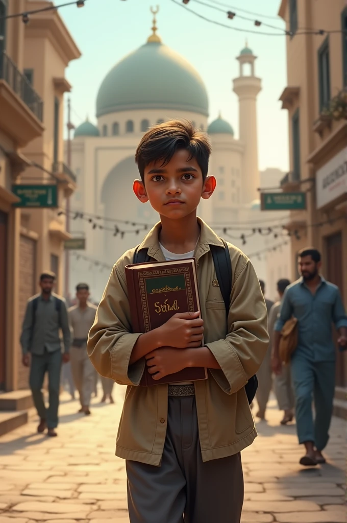 A mason boy going to masjid, , holding a book, write Ashad on his book