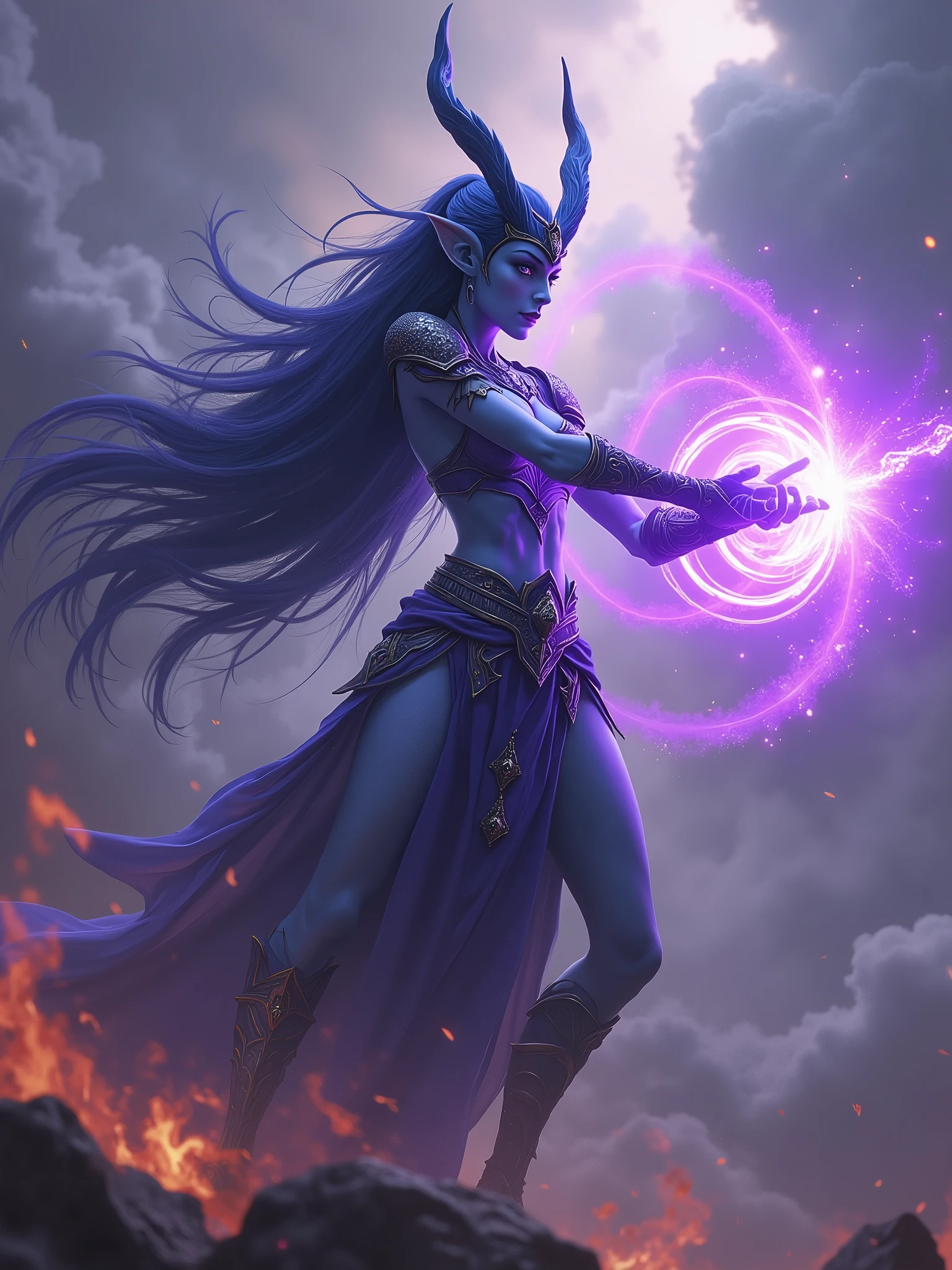 photorealistic of Tyrande whisperwind from World of Warcraft hitting her weapon all her ultimate power against her enemies, purple pulse and explosion from her weapon, intricate detailed, epic war background, best quality