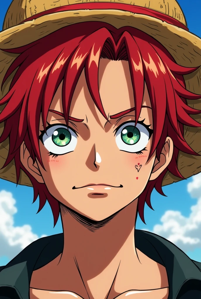 Create an animated face in the One Piece style that has a masculine face but has very marked feminine features. The character must give off gay vibes. Give him red hair and blue and green eyes with some wounds on his face. 

