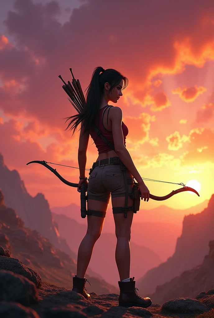 Lara Croft (Tomb Raider) with bow and arrow in a setting with sunset and orange sky, roxo e rosa