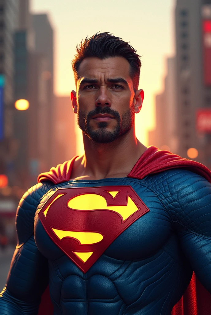 "Create an image of Pablo Marçal dressed as a superhero. He is wearing a modern heroic costume, with vibrant colors and a symbol on the  that represents strength and leadership. Pablo's expression must be confident and determined., as someone who inspires people to overcome challenges. The background could be a city at dusk, highlighting your positive impact as a leader."

