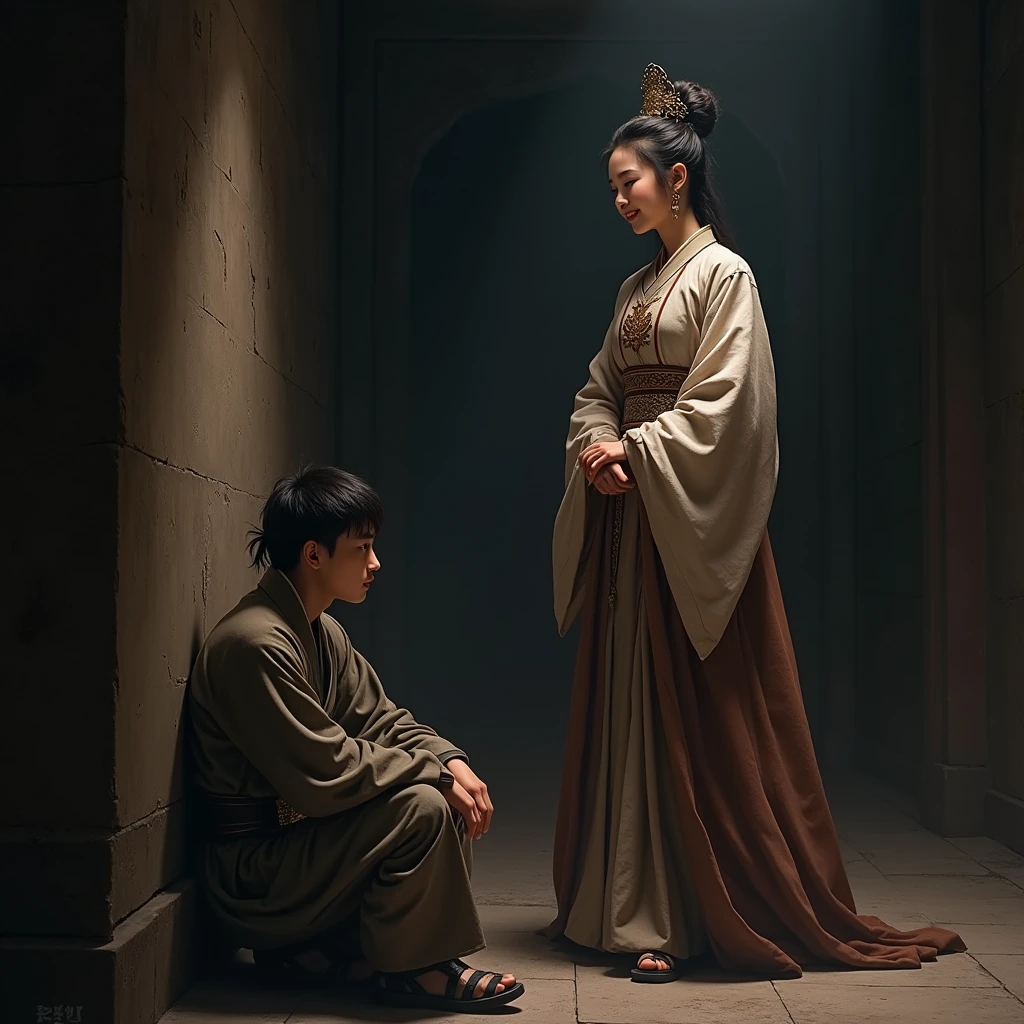 A beautiful young woman with a sweet face and a beautiful smile in the dark brown dress of a full-fledged official from the Han Fu Dynasty stopped and looked into the cell in the underground dungeon where a young man with disheveled hair and a white shirt in a torn prison uniform was sitting with his back against the wall and his knees raised. The atmosphere was dark with only the light from a torch inside. In the ancient China of the Jin Dynasty, when looking from a distance he could see him standing fully.