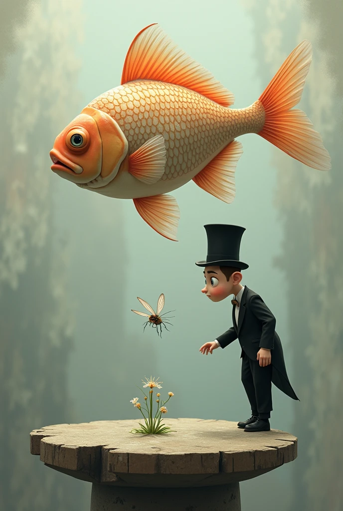 In a surreal, dreamlike setting, a large, anthropomorphic fish hovers in mid-air, its scales shimmering with subtle iridescent hues, and its large, round eyes, large eye ball, fat body, funny face, full of curiosity. The fish has vibrant orange fins that fan out gracefully, with delicate, translucent edges that catch the light. It faces a peculiar, a cartoonish boy who is dressed in a perfectly tailored black suit, complete with a crisp white shirt and a tall, slightly tilted top hat. The boy’s head is disproportionately large, exaggerated popped eyes that mirror the fish's inquisitiveness. His expression is one of intense focus, goofy as he leans precariously forward on the edge of a weathered platform, his hands clasped behind his back. Between them, a tiny, delicate insect with gossamer wings hovers, seemingly frozen in the moment. The background is an ethereal, muted blend of soft grays, beiges, and blues, with faint, abstract textures that enhance the otherworldly atmosphere of the scene. A single, fragile flower grows from a crack in the platform, adding a touch of whimsy to the already fantastical environment