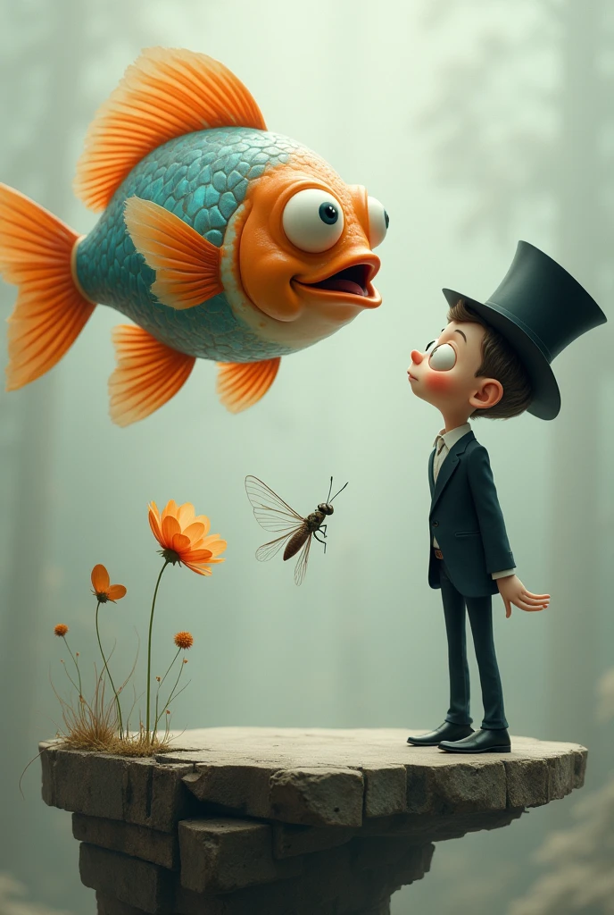 In a surreal, dreamlike setting, a large, anthropomorphic fish hovers in mid-air, its scales shimmering with subtle iridescent hues, and its large, round eyes, large eye ball, fat body, funny face, full of curiosity. The fish has vibrant orange fins that fan out gracefully, with delicate, translucent edges that catch the light. It faces a peculiar, a cartoonish boy who is dressed in a perfectly tailored black suit, complete with a crisp white shirt and a tall, slightly tilted top hat. The boy’s head is disproportionately large, exaggerated popped eyes that mirror the fish's inquisitiveness. His expression is one of intense focus, goofy as he leans precariously forward on the edge of a weathered platform, his hands clasped behind his back. Between them, a tiny, delicate insect with gossamer wings hovers, seemingly frozen in the moment. The background is an ethereal, muted blend of soft grays, beiges, and blues, with faint, abstract textures that enhance the otherworldly atmosphere of the scene. A single, fragile flower grows from a crack in the platform, adding a touch of whimsy to the already fantastical environment