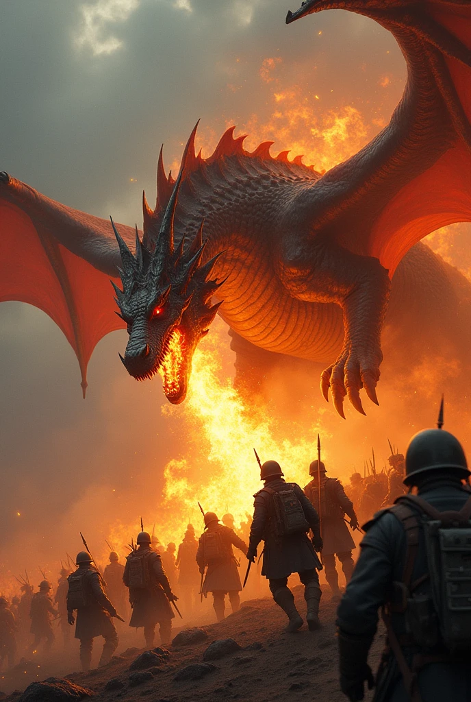 might and viscious dragon breathing fire burn soldiers from the sky, soft lighting, realistic, intricate details, warm colors, by Greg Rutkowski, by Alphonse Mucha