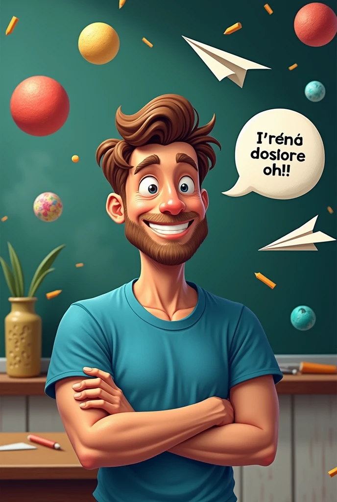 Logo with the name ESCOLINHA DEMAIS with a chalkboard, paper balls, paper airplanes and a male teacher of about 30 years old saying “And the salary oh” in a speech bubble in Portuguese being a funny image