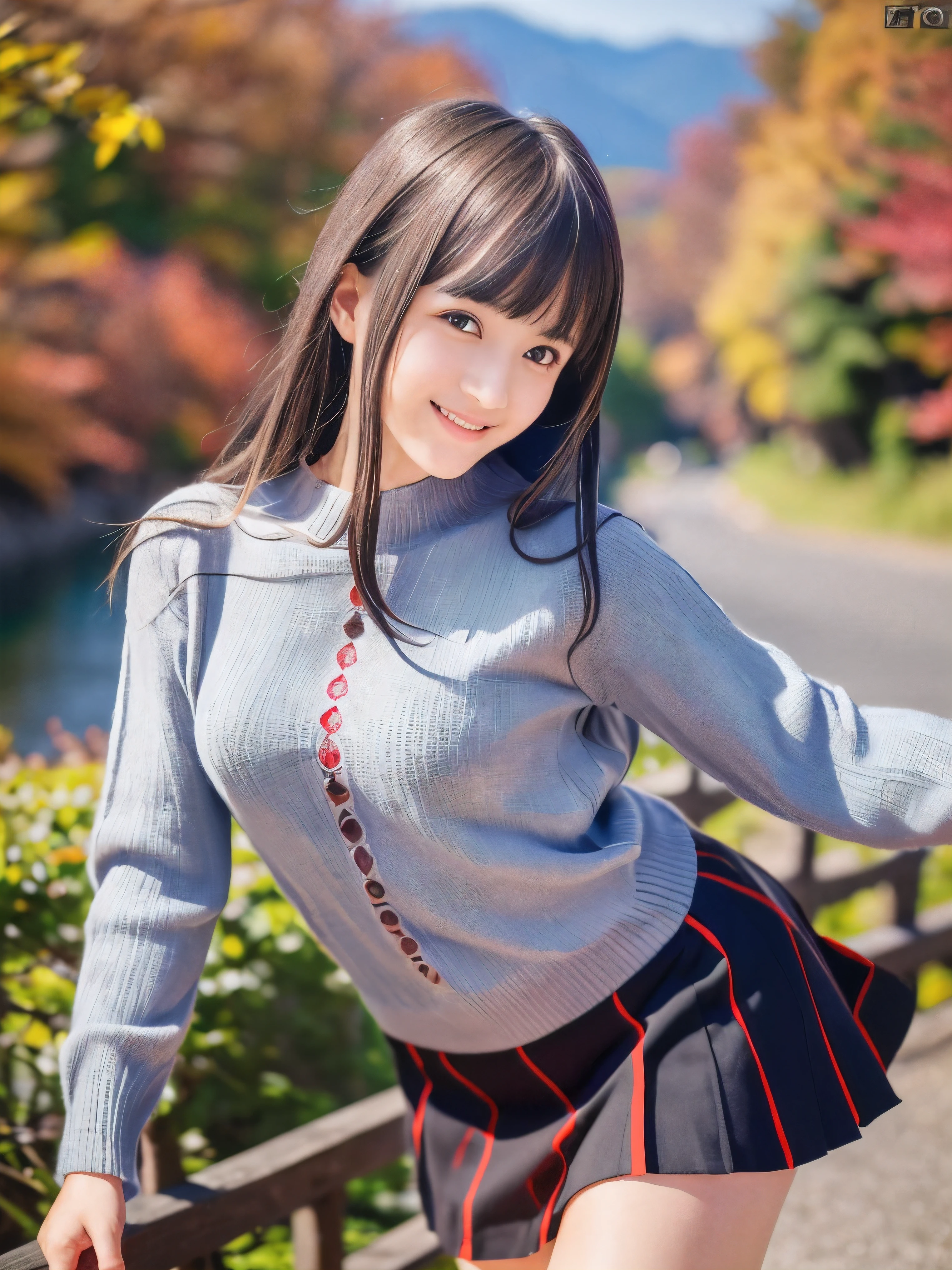 (Close up face shot of one slender small breasts dark silver long hair with swept bangs girl in a long sleeves shirt and sweater and skirt:1.5)、(One girl is dancing with happy smile on the dart road near the lake and big waterfall in Japan:1.5)、(Beautiful autumn red leaves and mountain view:1.5)、(Natural light:1.5)、(8k ultra detailed master piece:1.5)、(perfect anatomy:1.5)、(Photorealistic stick:1.5)、(Raw photo:1.3)、(highest quality:1.5)、(High resolution:1.3)、(Delicate and beautiful perfect face:1.3)、(Delicate and beautiful eye air skin:1.3)、(Real Human Skin:1.3)、((thin legs))