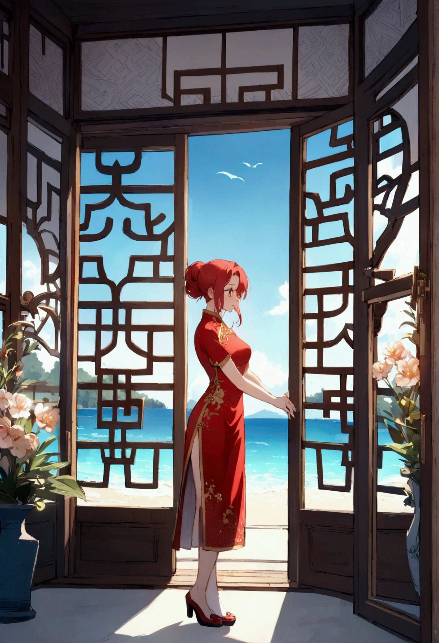 A female anime-style character with long, bright red hair, wearing a traditional red cheongsam with gold embroidery. The cheongsam has intricate patterns, and the character is standing in a light, airy bedroom with large windows overlooking a beach. The room has soft pink and white tones with elegant decor, and the beach outside has a clear blue sky and ocean view.