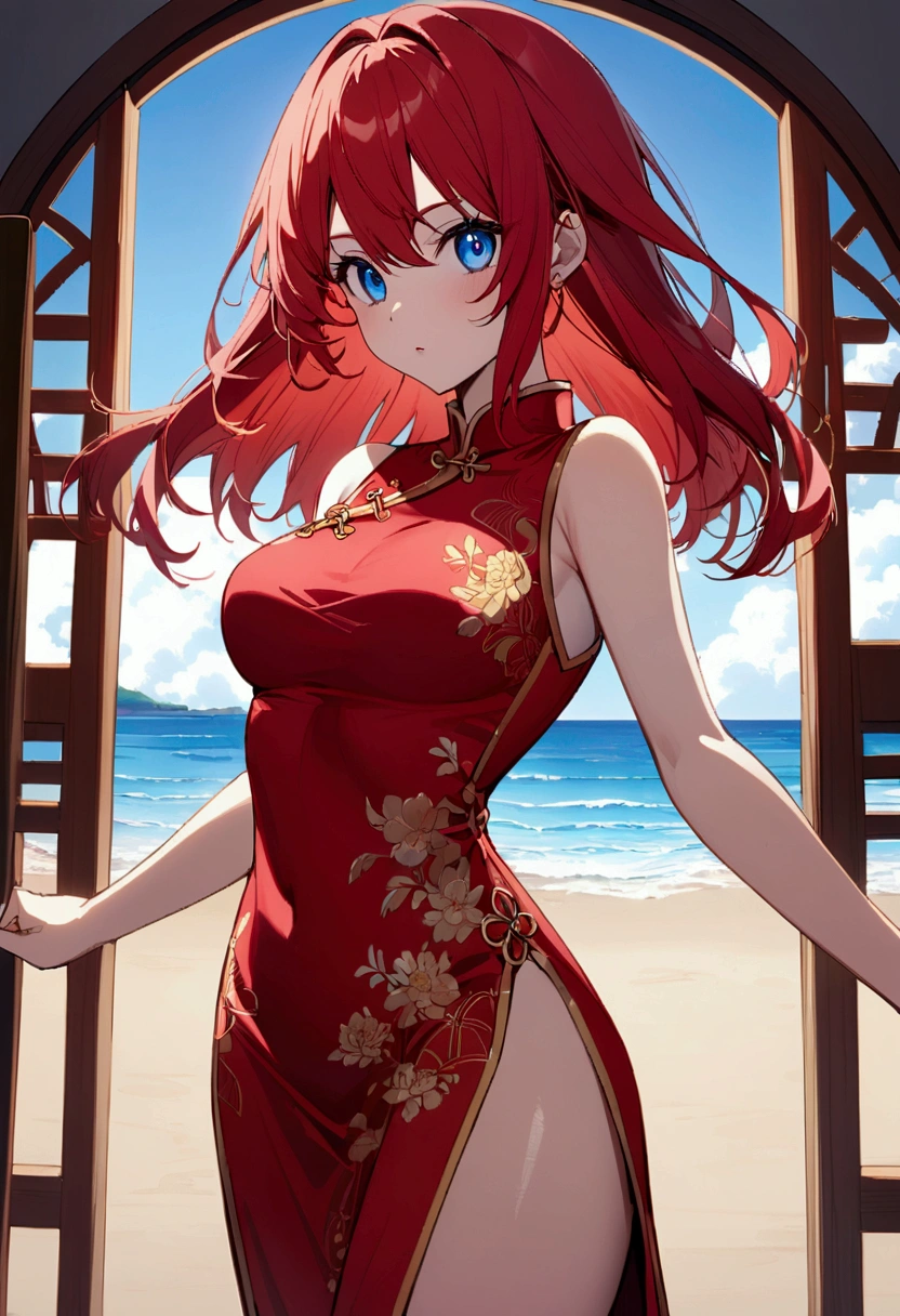 A female anime-style character with long, bright red hair, wearing a traditional red cheongsam with gold embroidery. The cheongsam has intricate patterns, and the character is standing in a light, airy bedroom with large windows overlooking a beach. The room has soft pink and white tones with elegant decor, and the beach outside has a clear blue sky and ocean view.